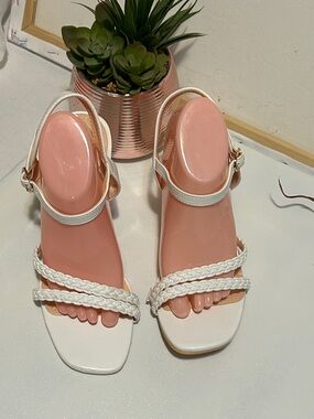 Women’s White Braided Strap Sandals with Ankle Strap